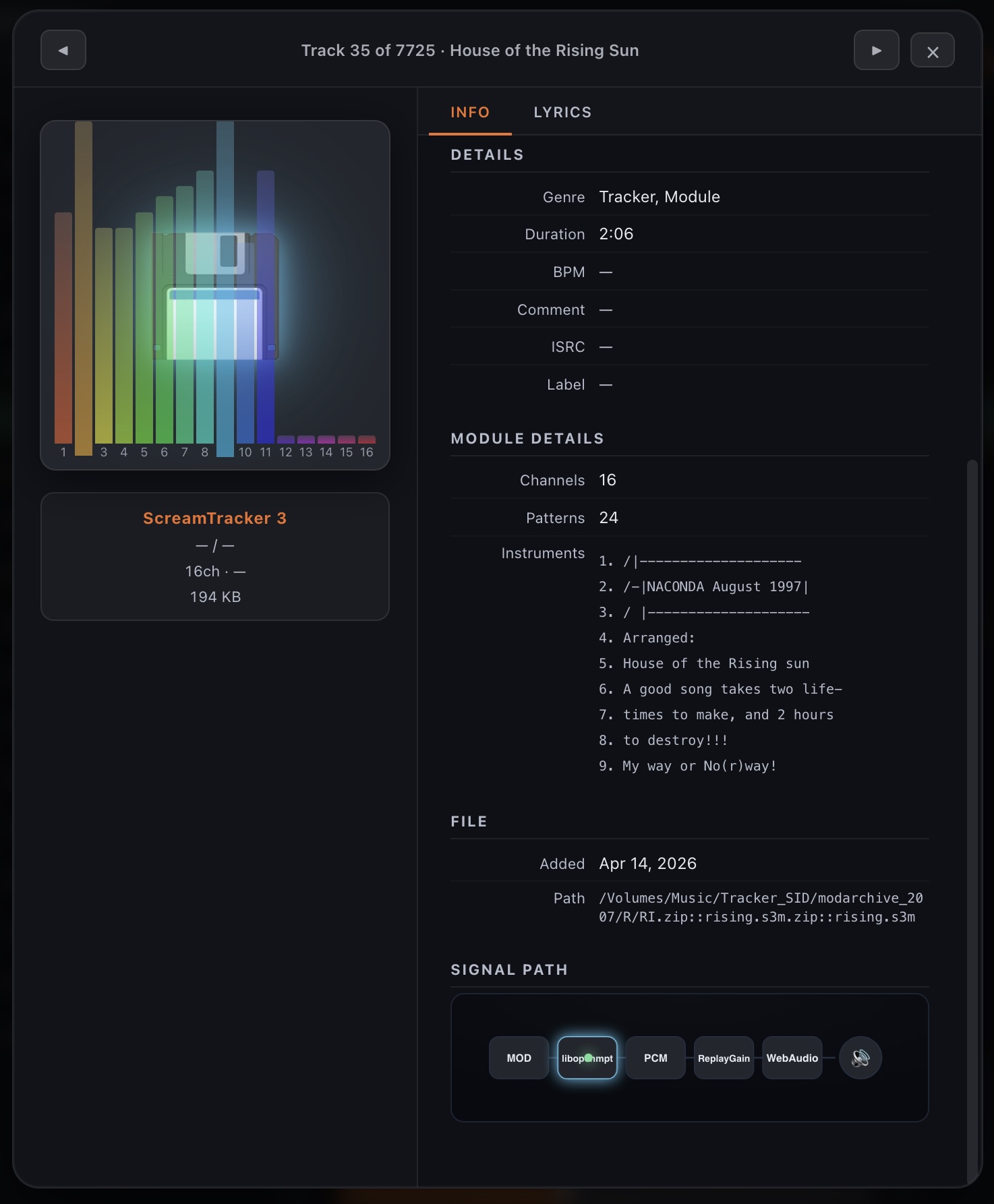 Track info modal for a 16-channel ScreamTracker 3 module with per-channel VU meters