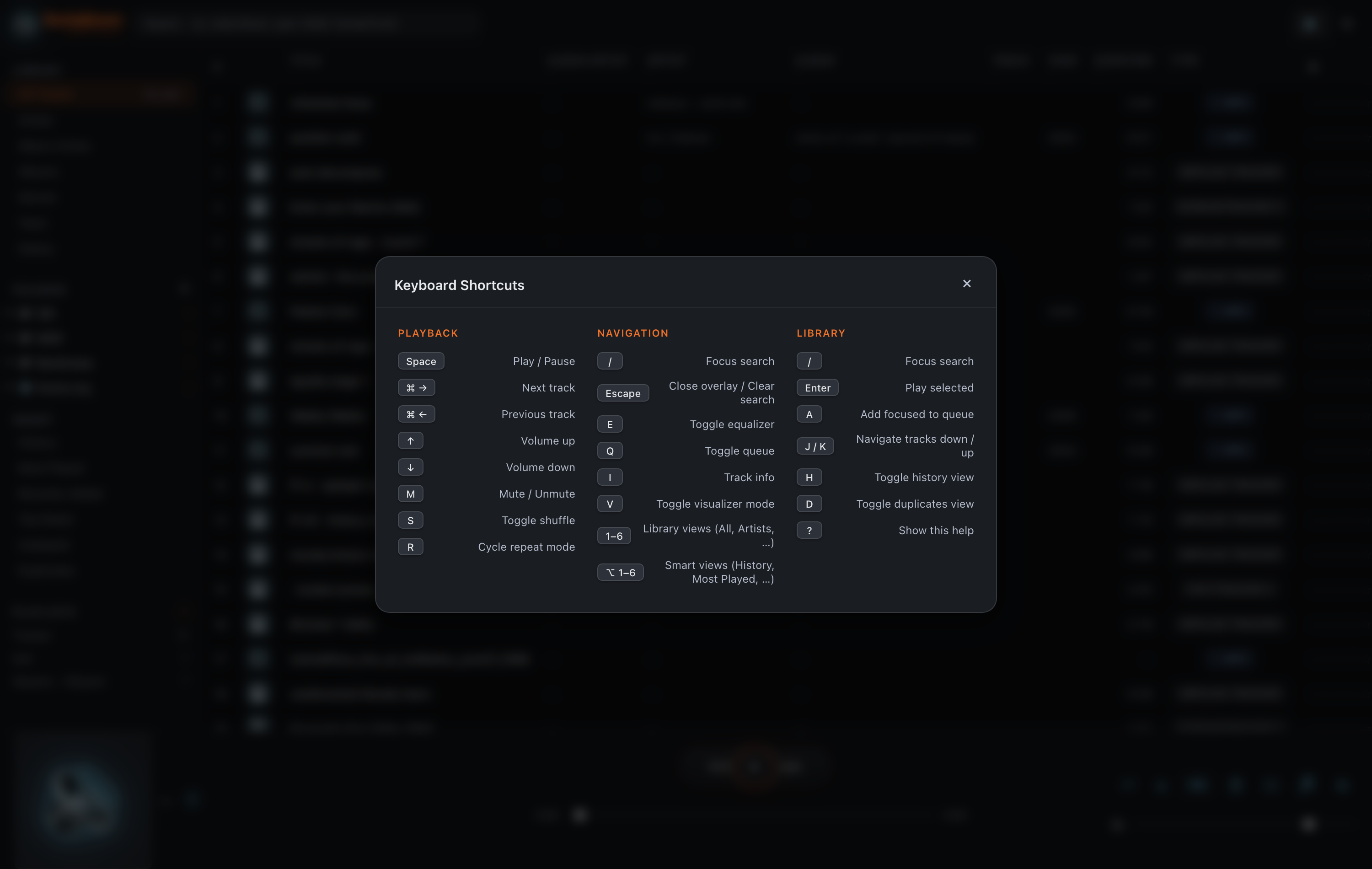 The in-app Keyboard Shortcuts overlay, grouped into Playback, Navigation and Library sections