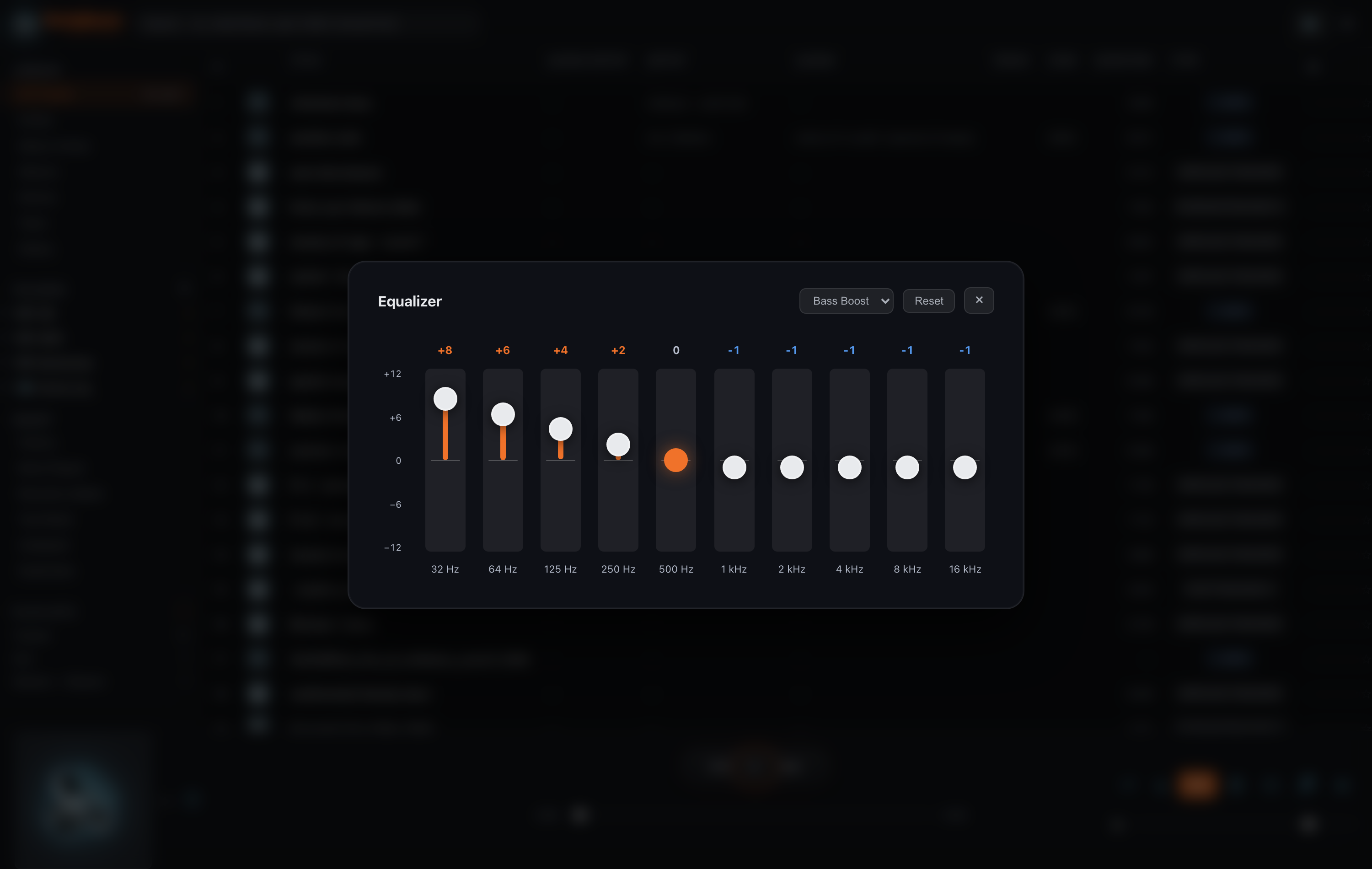The graphic equalizer open over the player, with frequency-band sliders and preset buttons