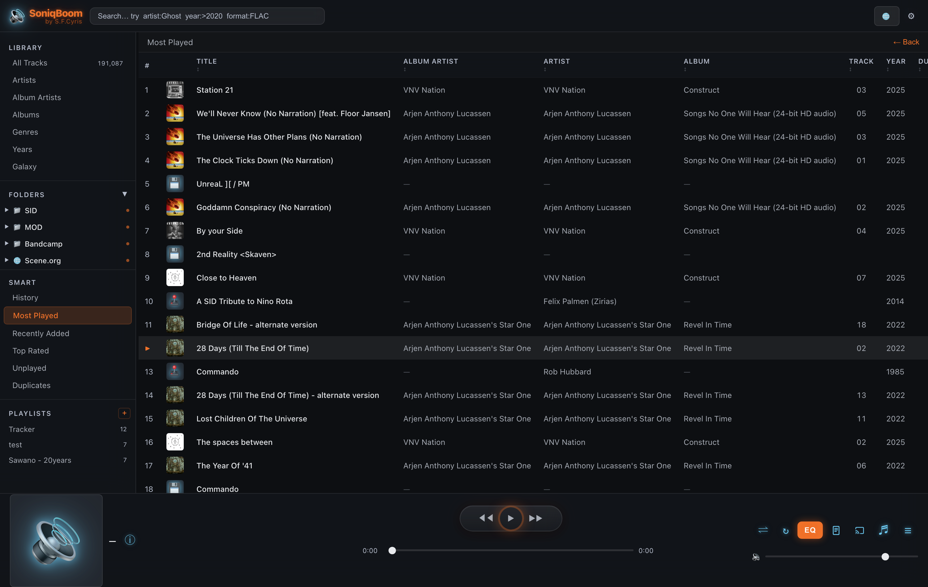 The Most Played smart view listing top tracks, with the search bar showing field operators above it