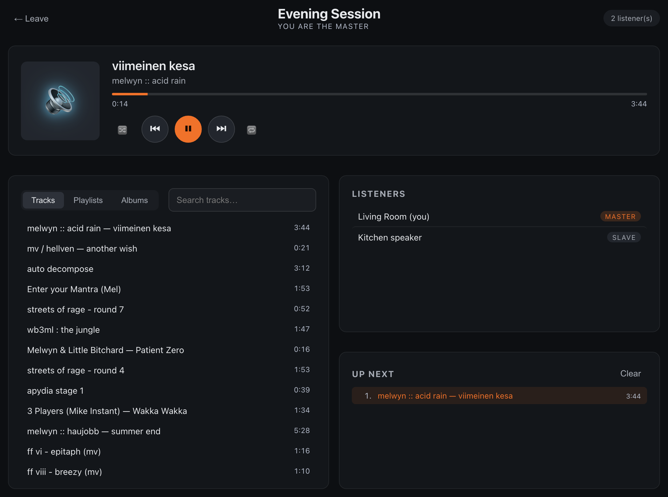 The multi-room master view — now playing with transport controls, a Tracks / Playlists / Albums library, a Listeners panel showing the master and one listener, and an Up Next queue