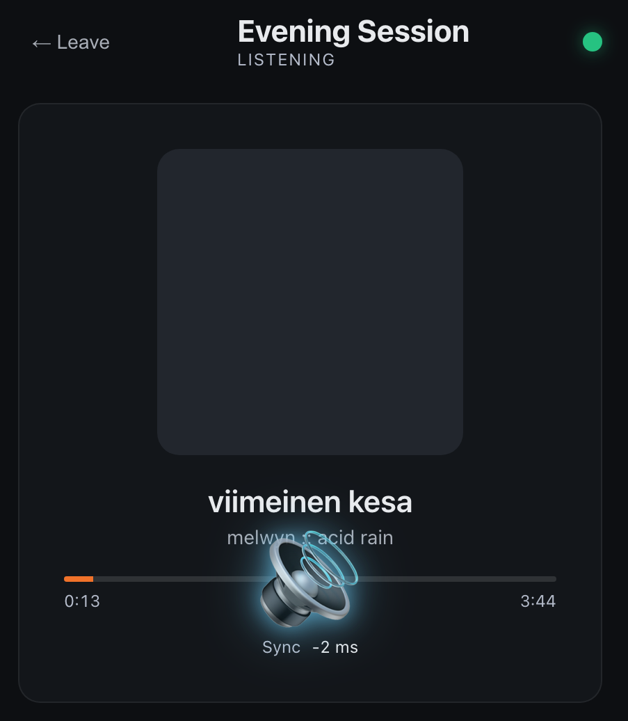 The multi-room listener view — the current track, a progress bar, and a live Sync drift meter reading -2 ms