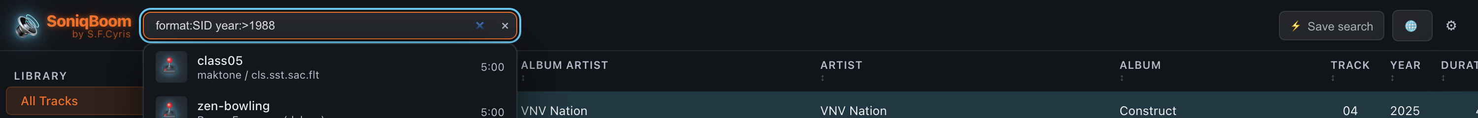 The search bar with the query format:SID year:>1988 typed and the Save search button visible in the header