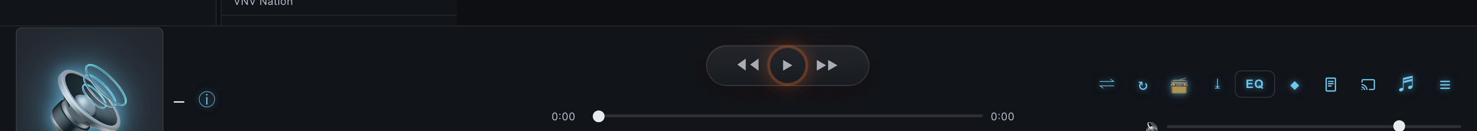 The player toolbar with the new controls: radio, download for offline, equalizer, more-like-this, lyrics, cast, playlists and queue