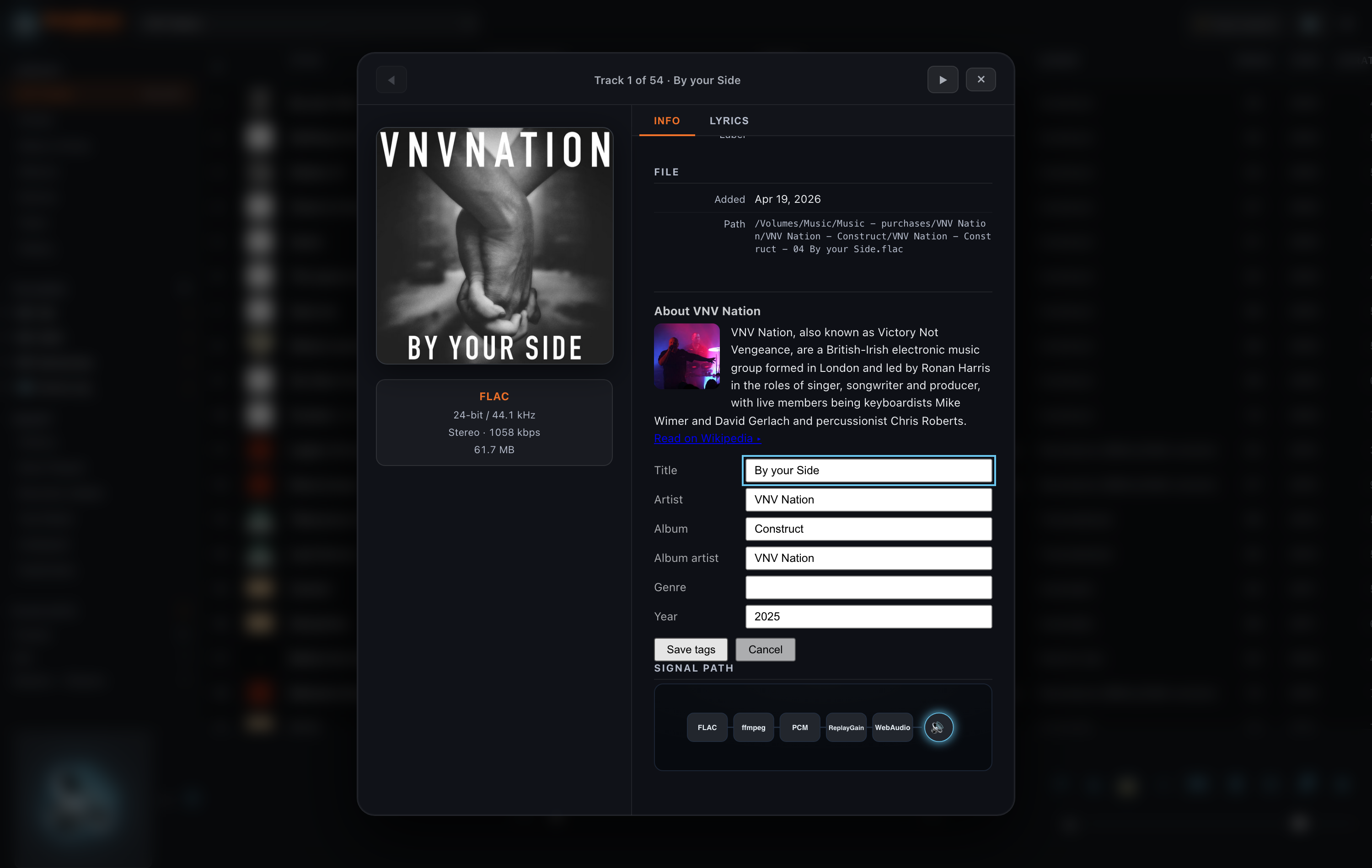 The Track Info panel showing the About-the-artist card with a Wikipedia bio and portrait, and the open tag-editing form with Save tags and Cancel buttons