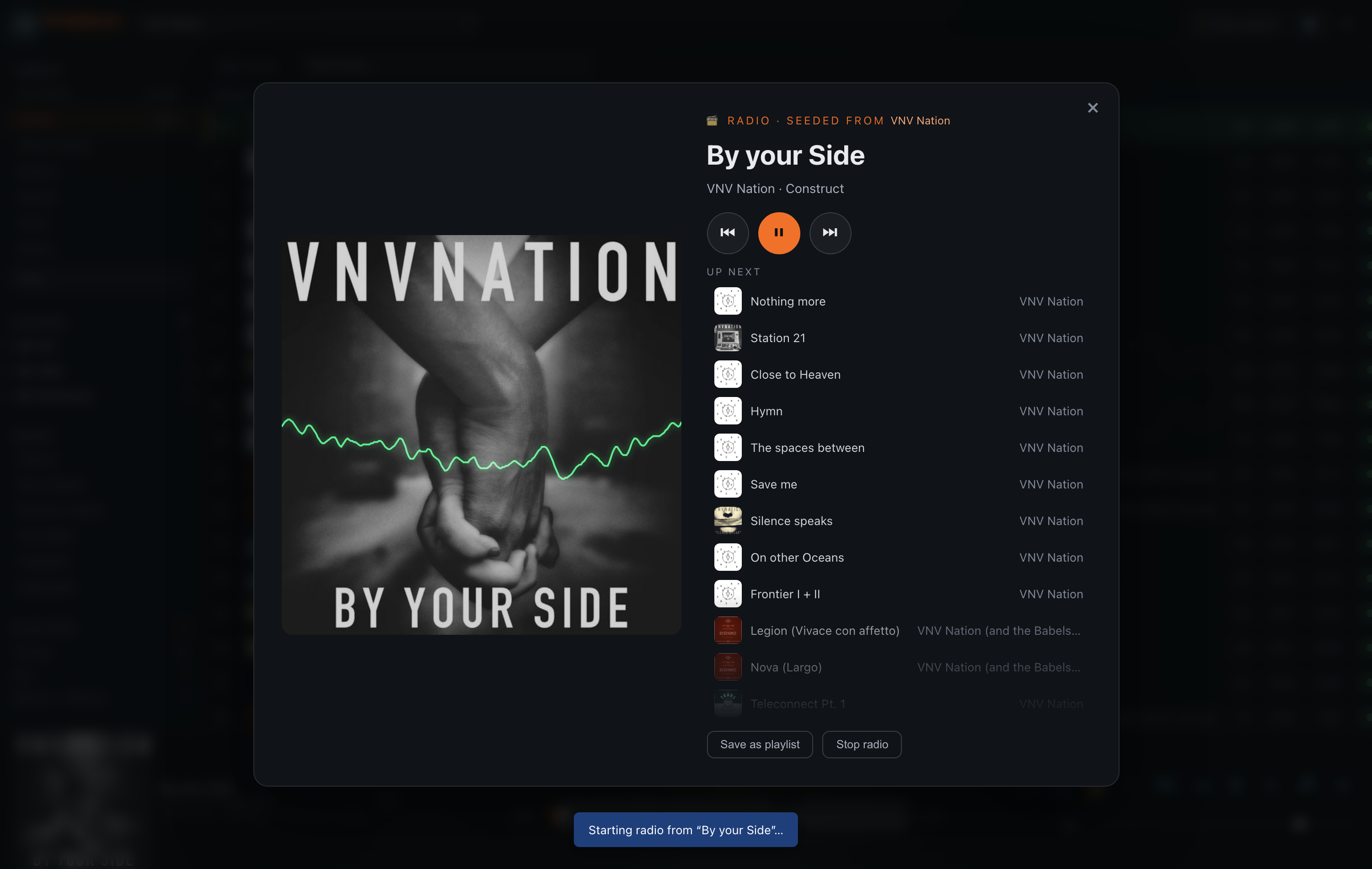 The radio view: large album art overlaid with a live green oscilloscope, the current track title, transport controls, an up-next list, and Save-as-playlist and Stop-radio buttons