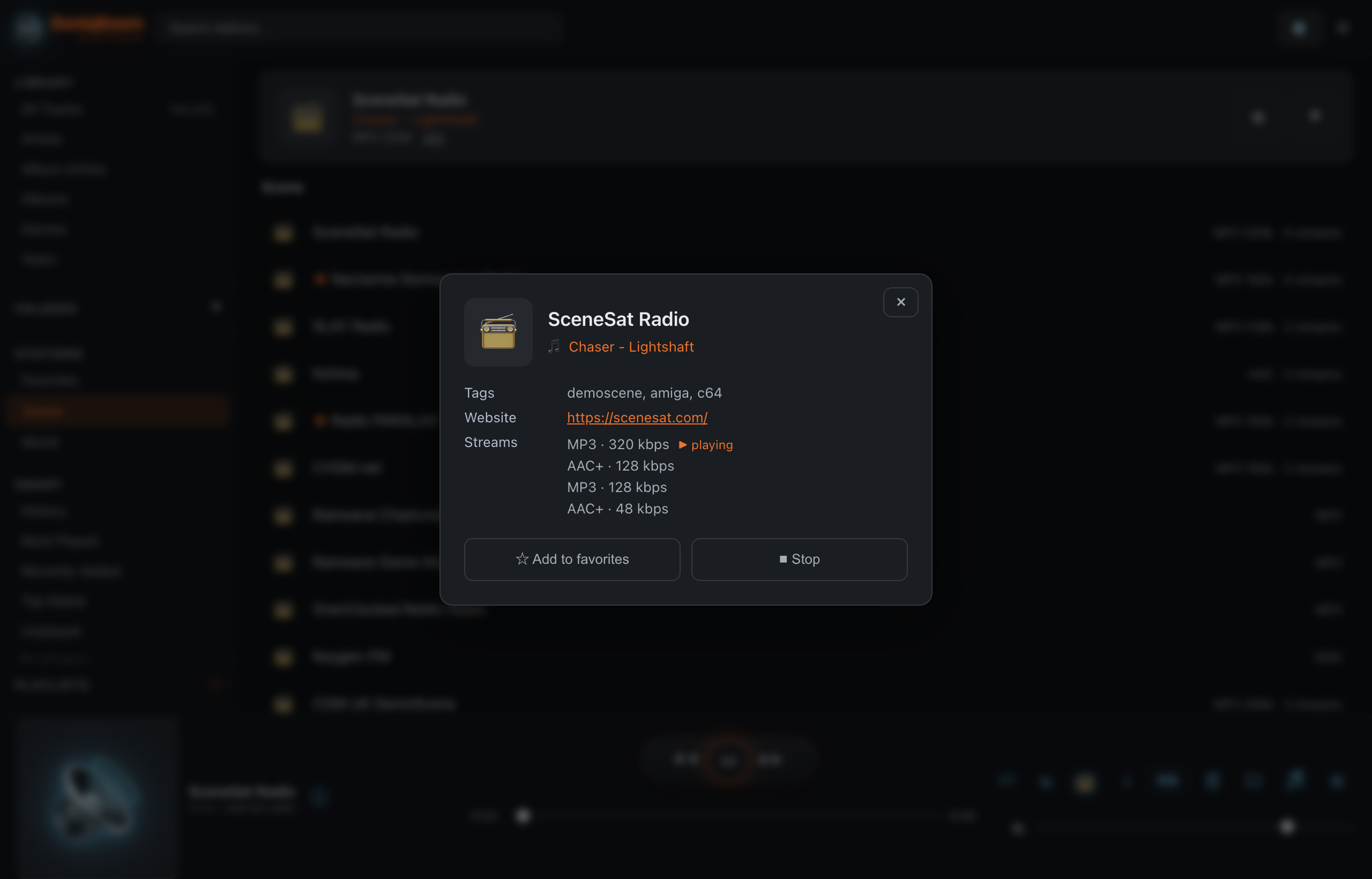 The station details panel for SceneSat Radio showing tags, a website link, the current track title, and a list of streams from MP3 320 kbps down to AAC+ 48 kbps with the playing one marked